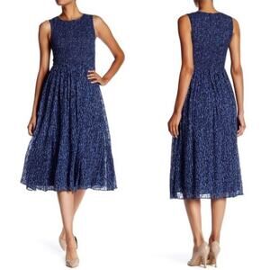 Rebecca Taylor Sleeveless Mirage Silk Blend Midi Dress Smocked Bodice Silk